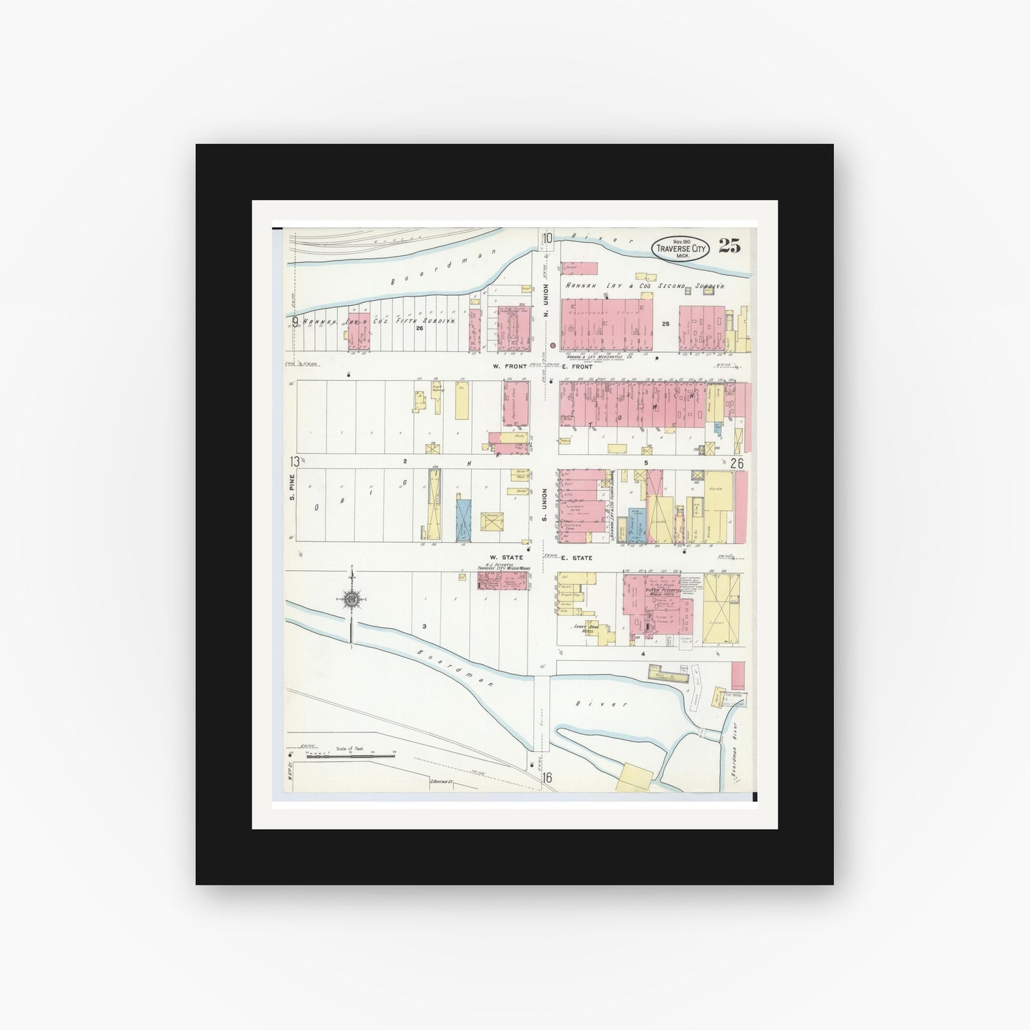 Old map wall art mockup — black gallery frame with white mat — Sanborn Fire Insurance Map from Traverse City, Grand Traverse County, Michigan (1910), Sheet #0025