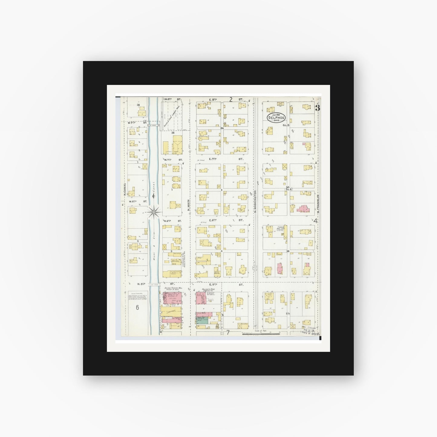 Old map wall art mockup — black gallery frame with white mat — Sanborn Fire Insurance Map from Delphos, Van Wert And Allen Counties, Ohio (1904), Sheet #0003