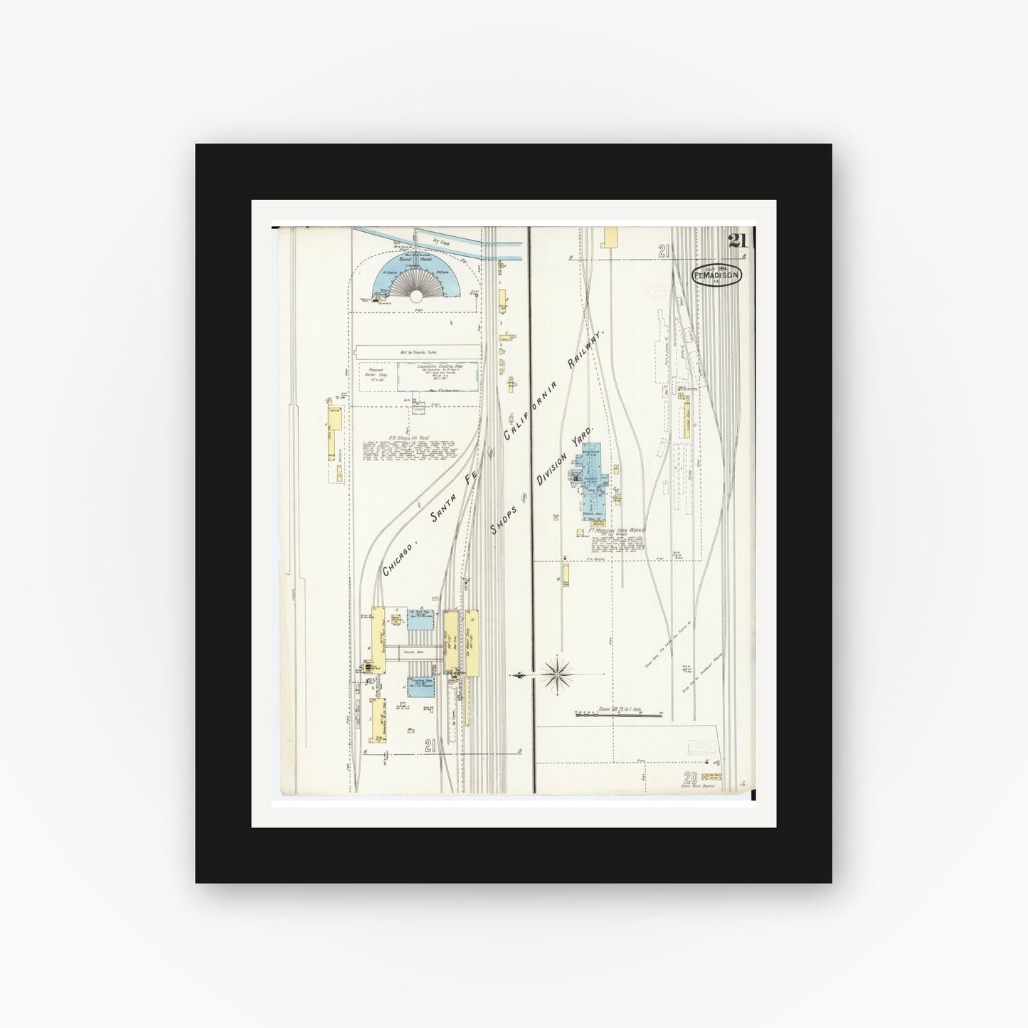 Old map wall art mockup — black gallery frame with white mat — Sanborn Fire Insurance Map from Fort Madison, Lee County, Iowa (1894), Sheet #0021