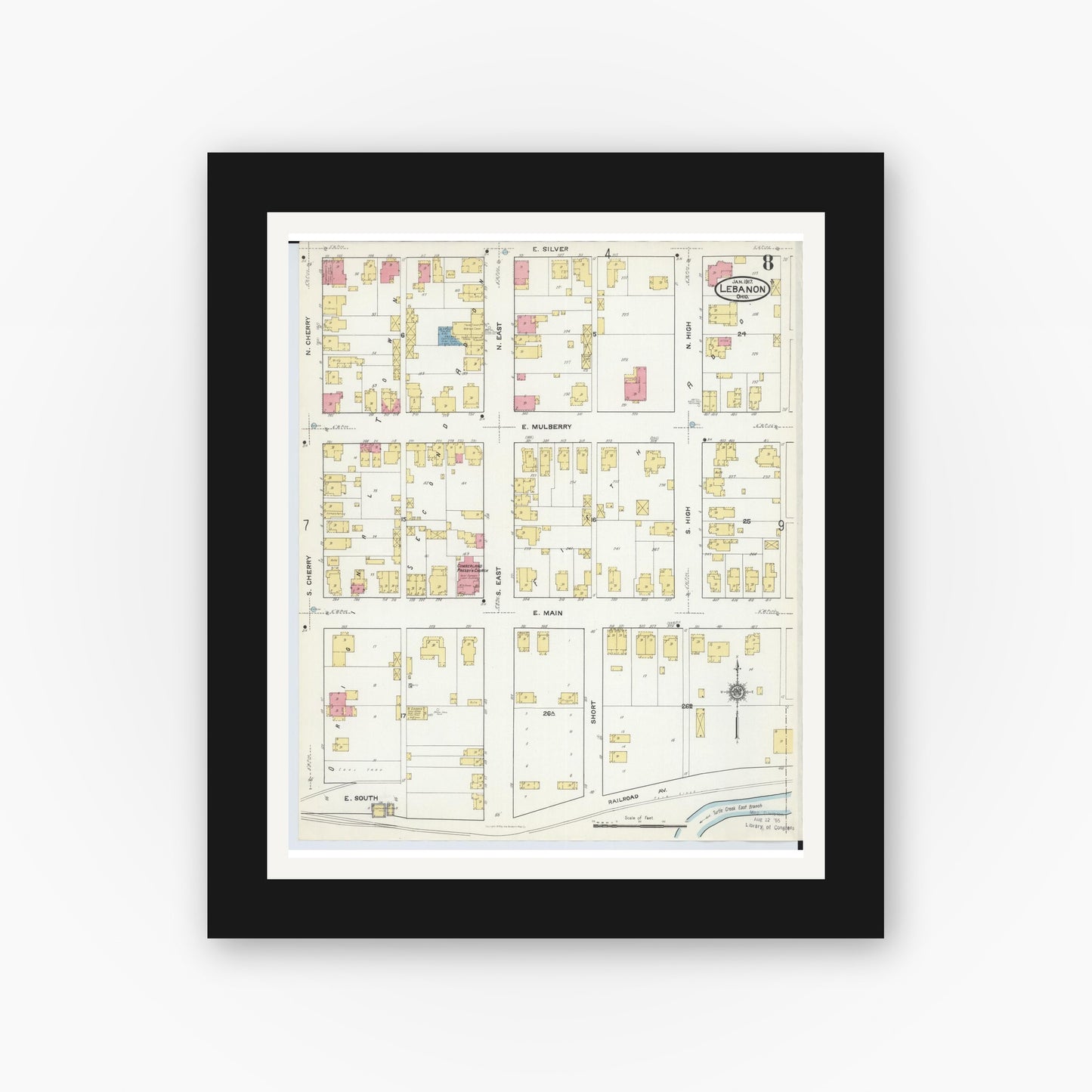 Old map wall art mockup — black gallery frame with white mat — Sanborn Fire Insurance Map from Lebanon, Warren County, Ohio (1917), Sheet #0008