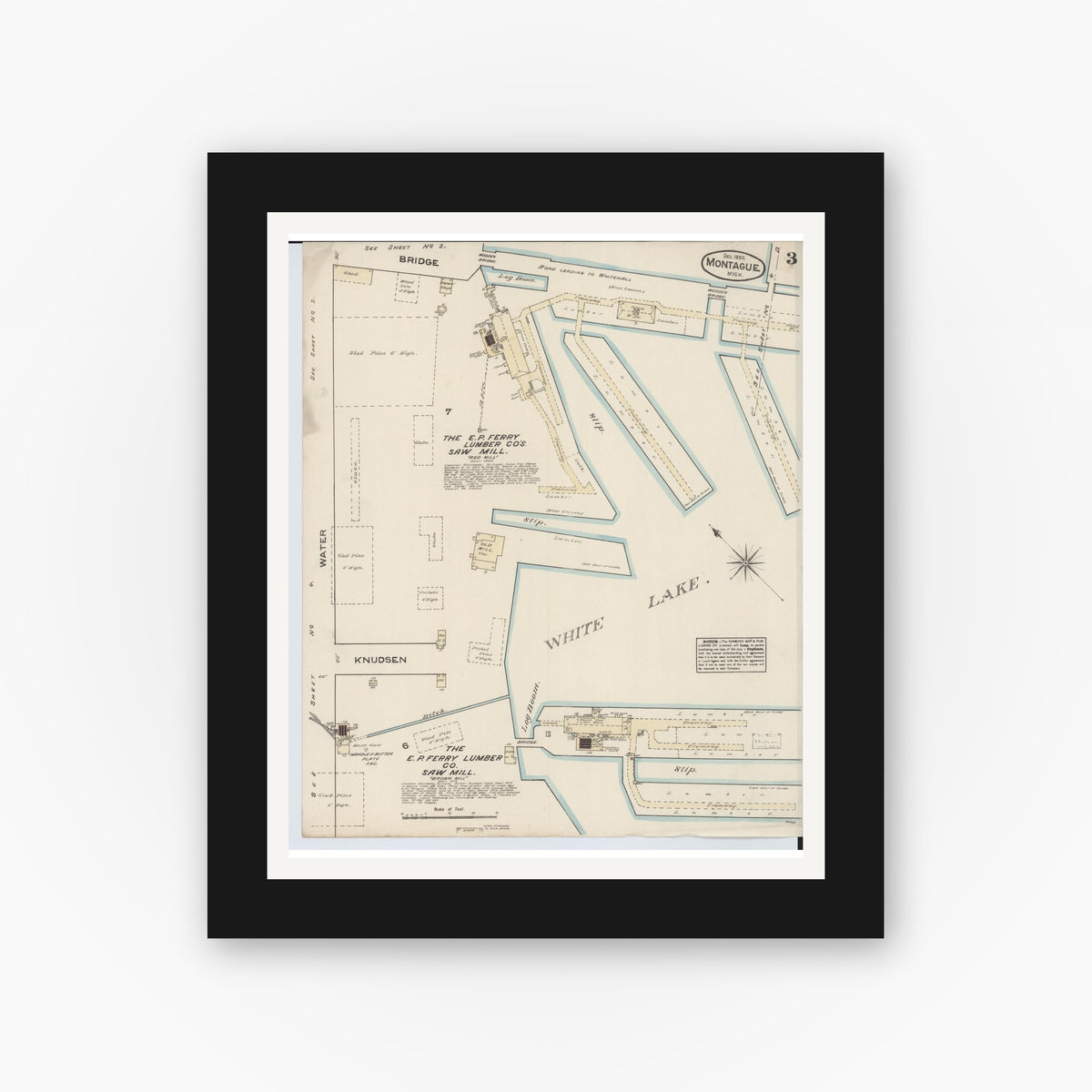 Old map wall art mockup — black gallery frame with white mat — Sanborn Fire Insurance Map from Montague, Muskegon County, Michigan (1883), Sheet #0003
