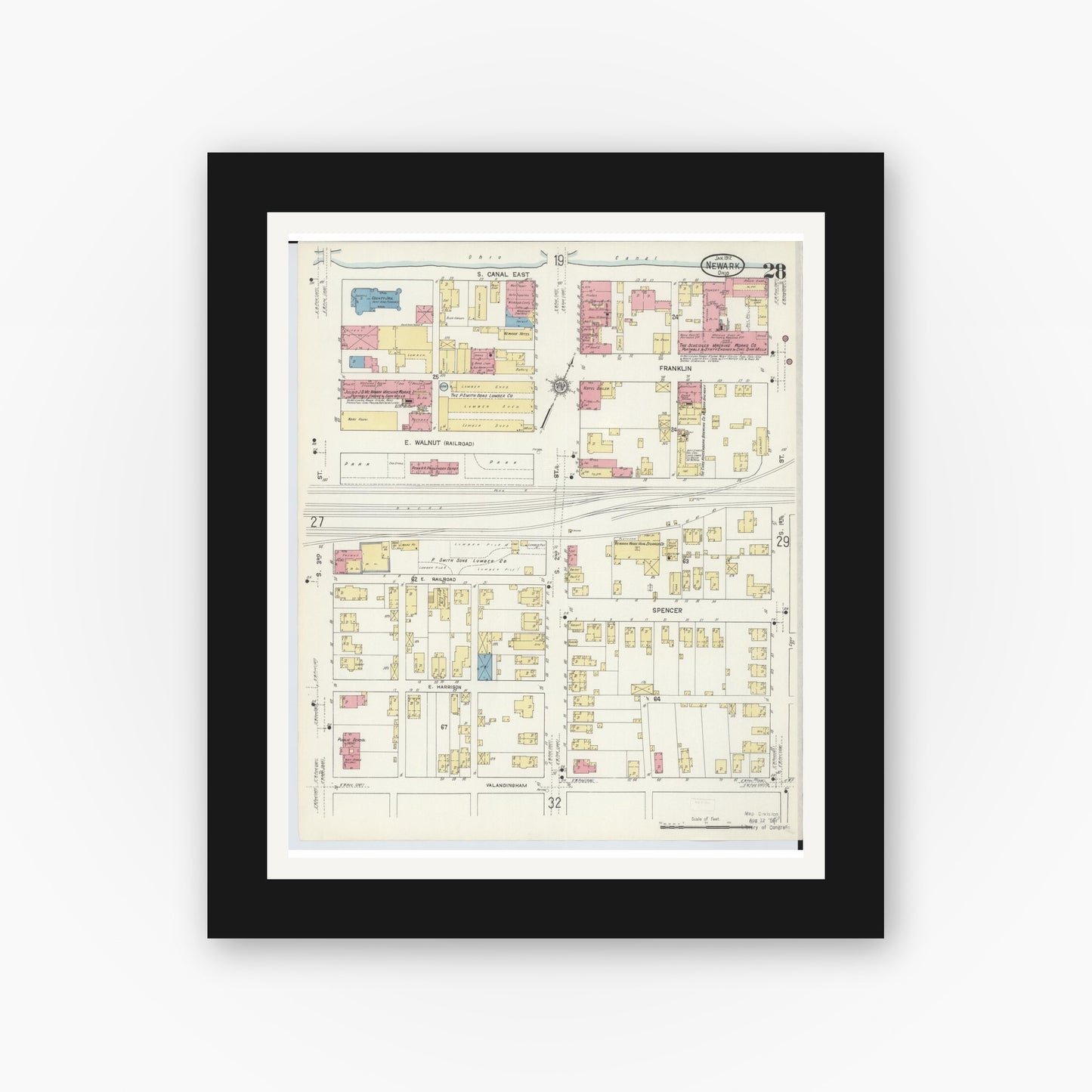 Old map wall art mockup — black gallery frame with white mat — Sanborn Fire Insurance Map from Newark, Licking County, Ohio (1912), Sheet #0028