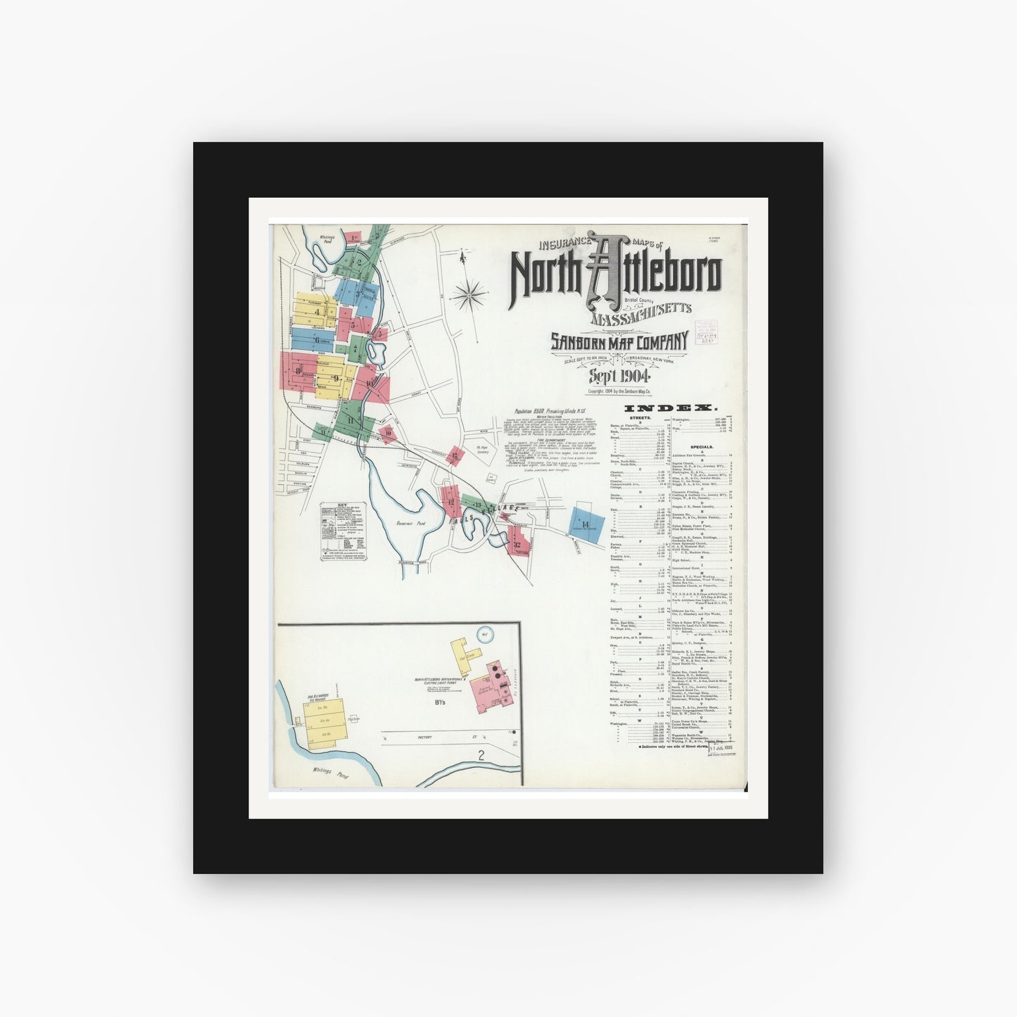 Old map wall art mockup — black gallery frame with white mat — Sanborn Fire Insurance Map from North Attleborough, Bristol County, Massachusetts (1904) - Complete Map Set