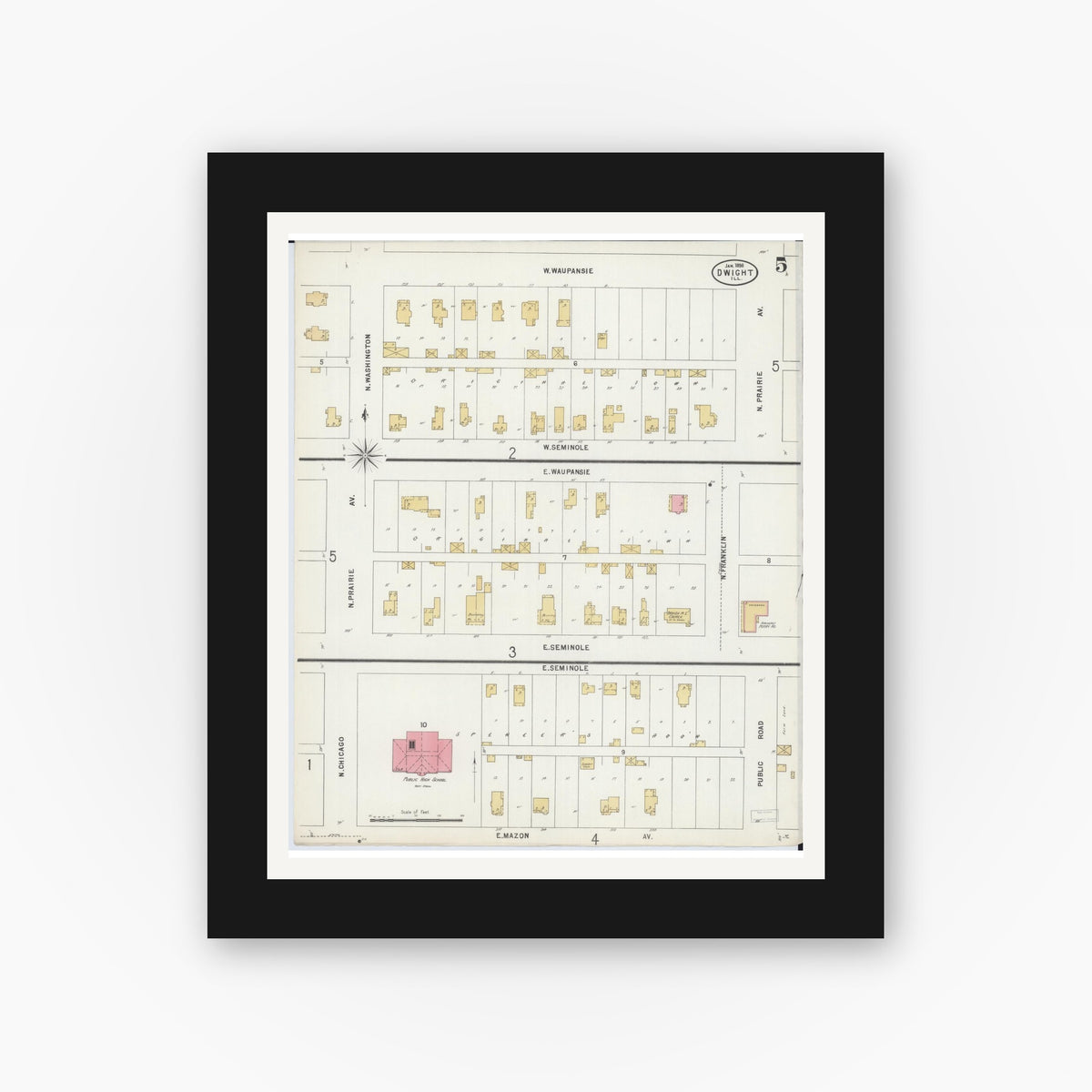 Old map wall art mockup — black gallery frame with white mat — Sanborn Fire Insurance Map from Dwight, Livingston County, Illinois (1898), Sheet #0005