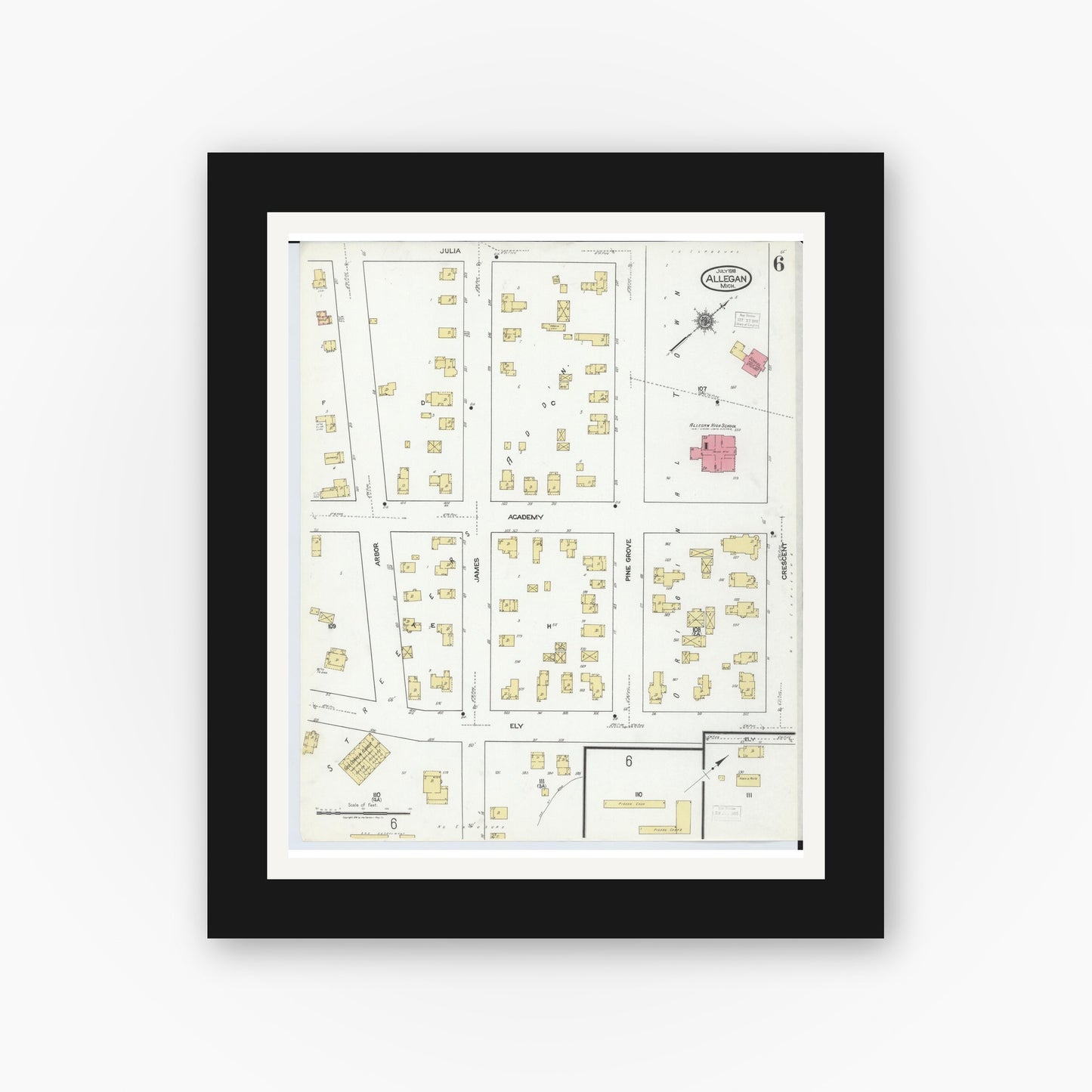 Old map wall art mockup — black gallery frame with white mat — Sanborn Fire Insurance Map from Allegan, Allegan County, Michigan (1918), Sheet #0006