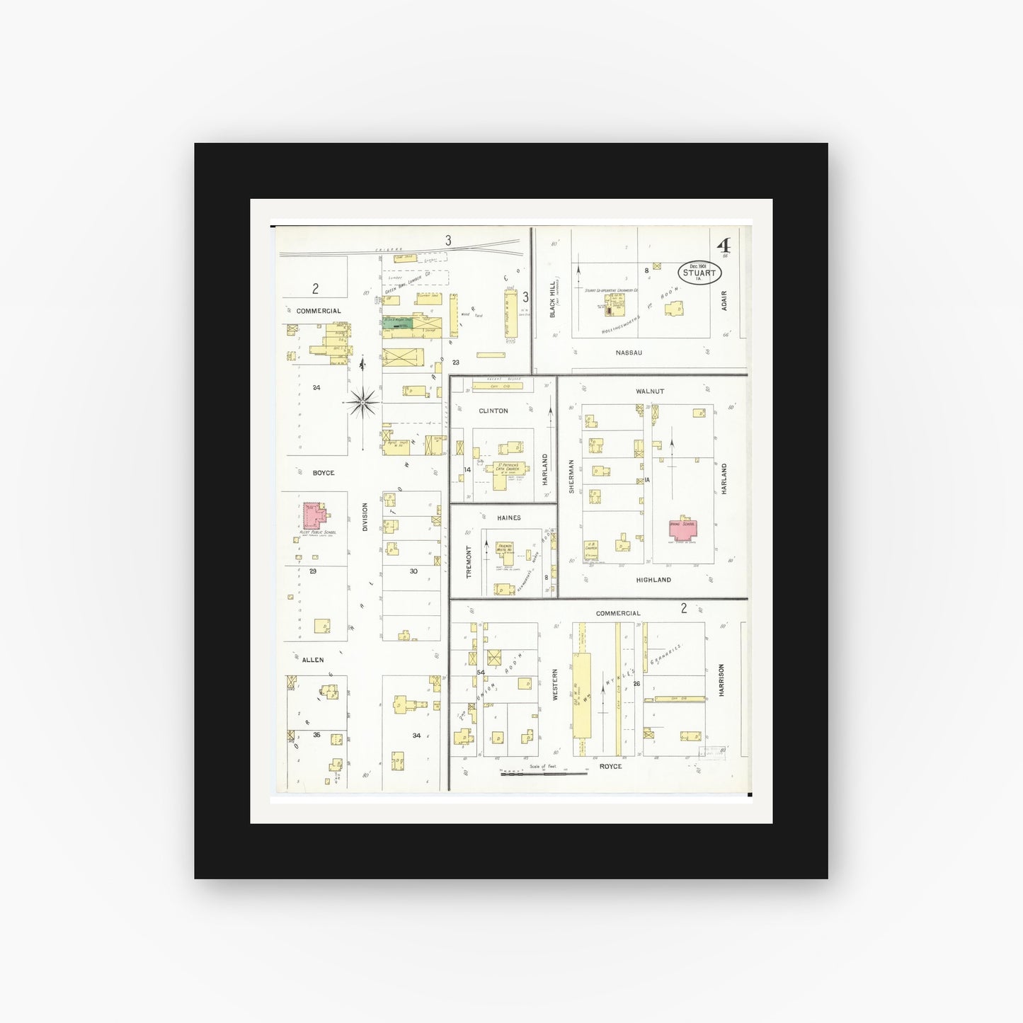 Old map wall art mockup — black gallery frame with white mat — Sanborn Fire Insurance Map from Stuart, Guthrie and Adair Counties, Iowa (1901), Sheet #0004
