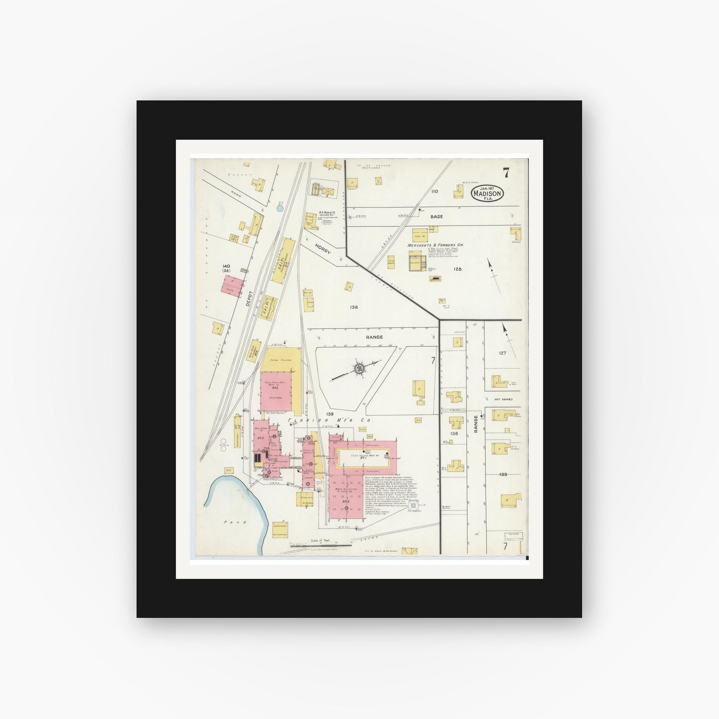 Old map wall art mockup — black gallery frame with white mat — Sanborn Fire Insurance Map from Madison, Madison County, Florida (1917), Sheet #0007