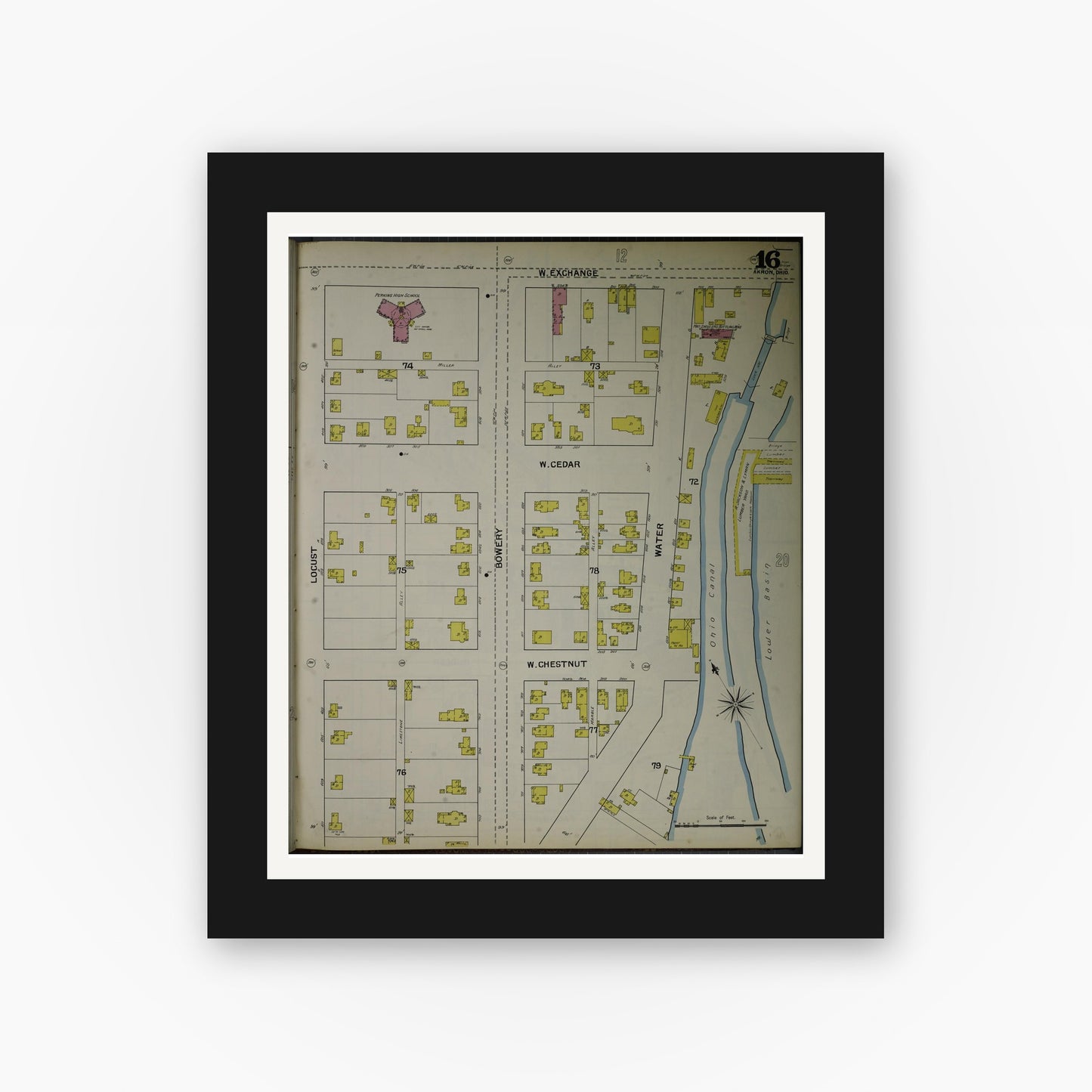 Old map wall art mockup — black gallery frame with white mat — Sanborn Fire Insurance Map from Akron, Summit County, Ohio (1892), Sheet #0016