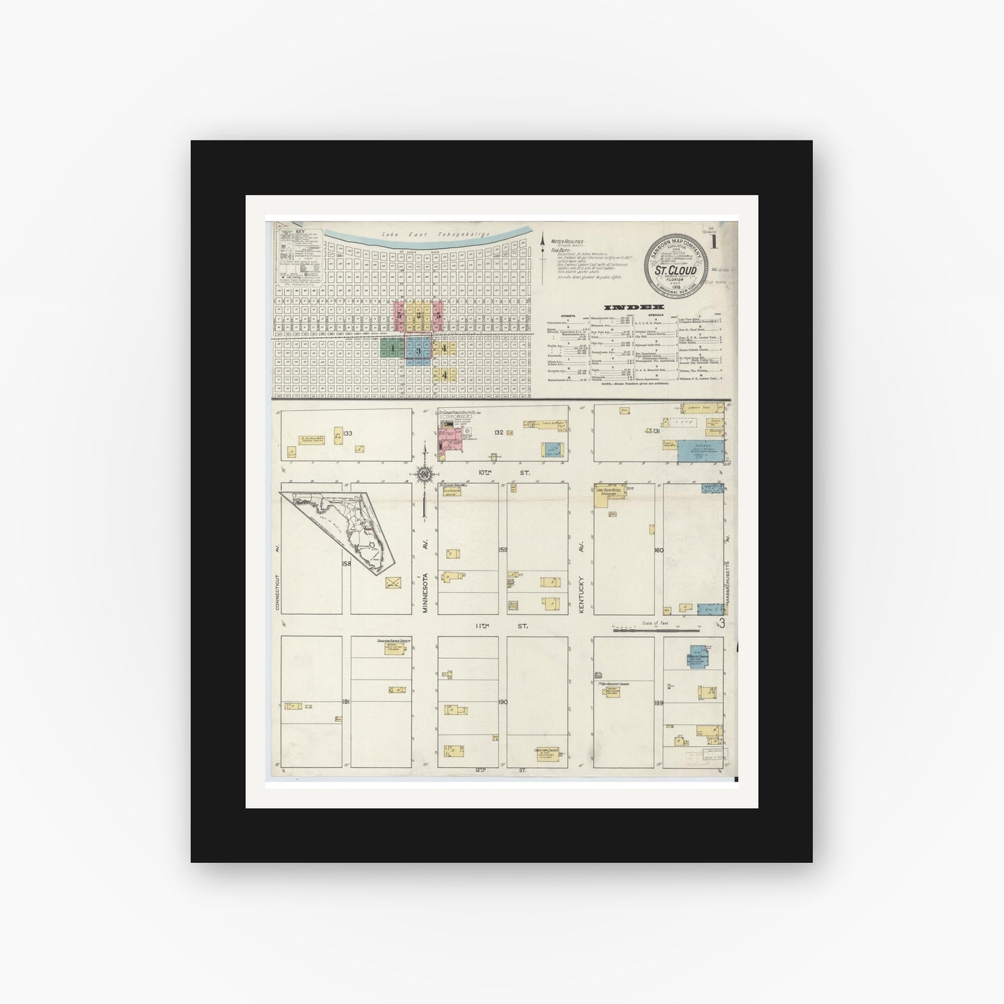 Old map wall art mockup — black gallery frame with white mat — Sanborn Fire Insurance Map from Saint Cloud, Osceola County, Florida (1915), Sheet #0001