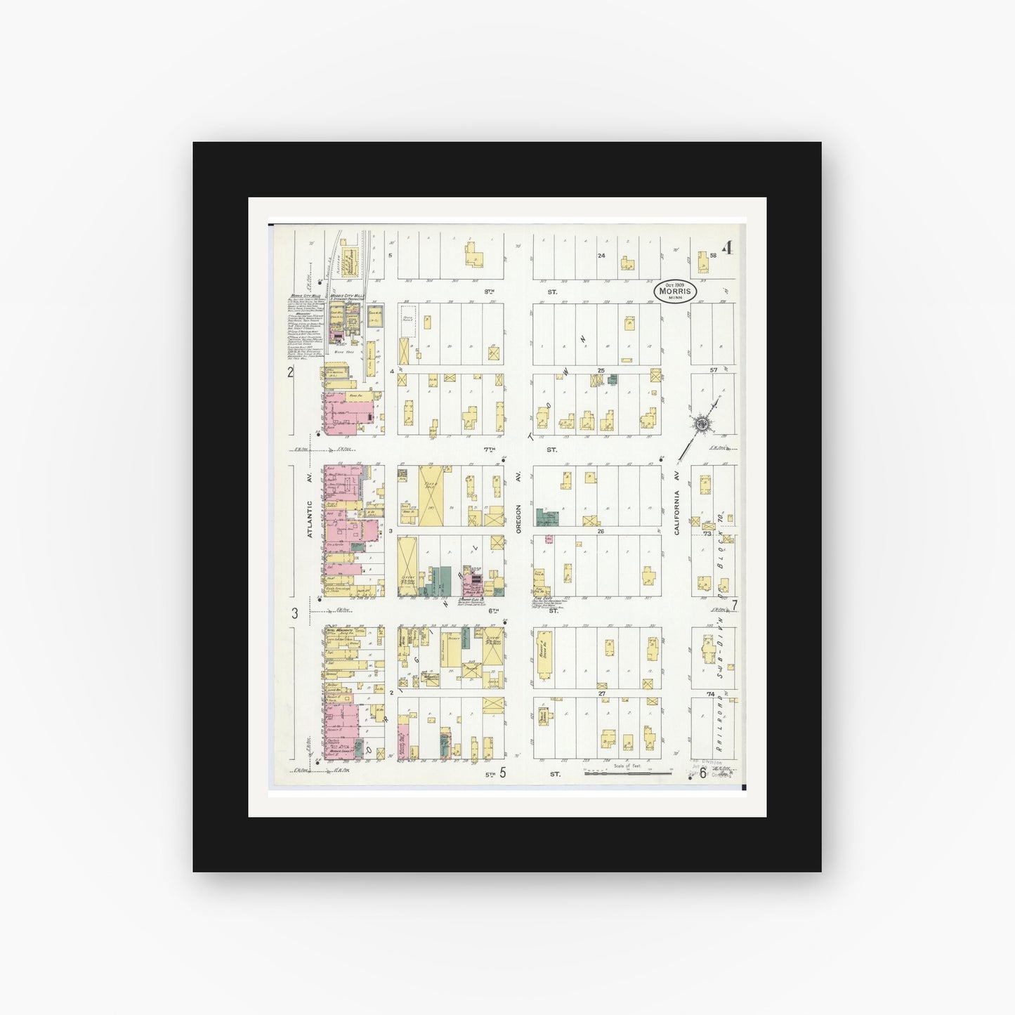 Old map wall art mockup — black gallery frame with white mat — Sanborn Fire Insurance Map from Morris, Stevens County, Minnesota (1909), Sheet #0004