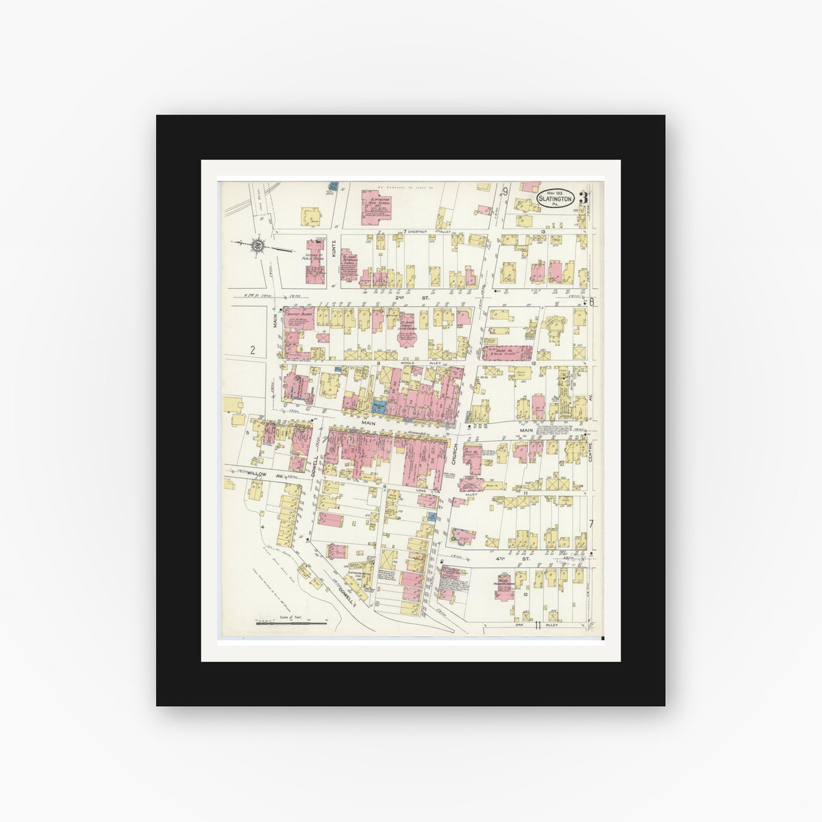 Old map wall art mockup β black gallery frame with white mat β Sanborn Fire Insurance Map from Slatington, Lehigh County, Pennsylvania (1913), Sheet #0003