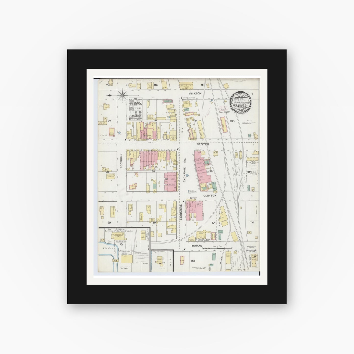Old map wall art mockup — black gallery frame with white mat — Sanborn Fire Insurance Map from Brodhead, Green County, Wisconsin (1893), Sheet #0001
