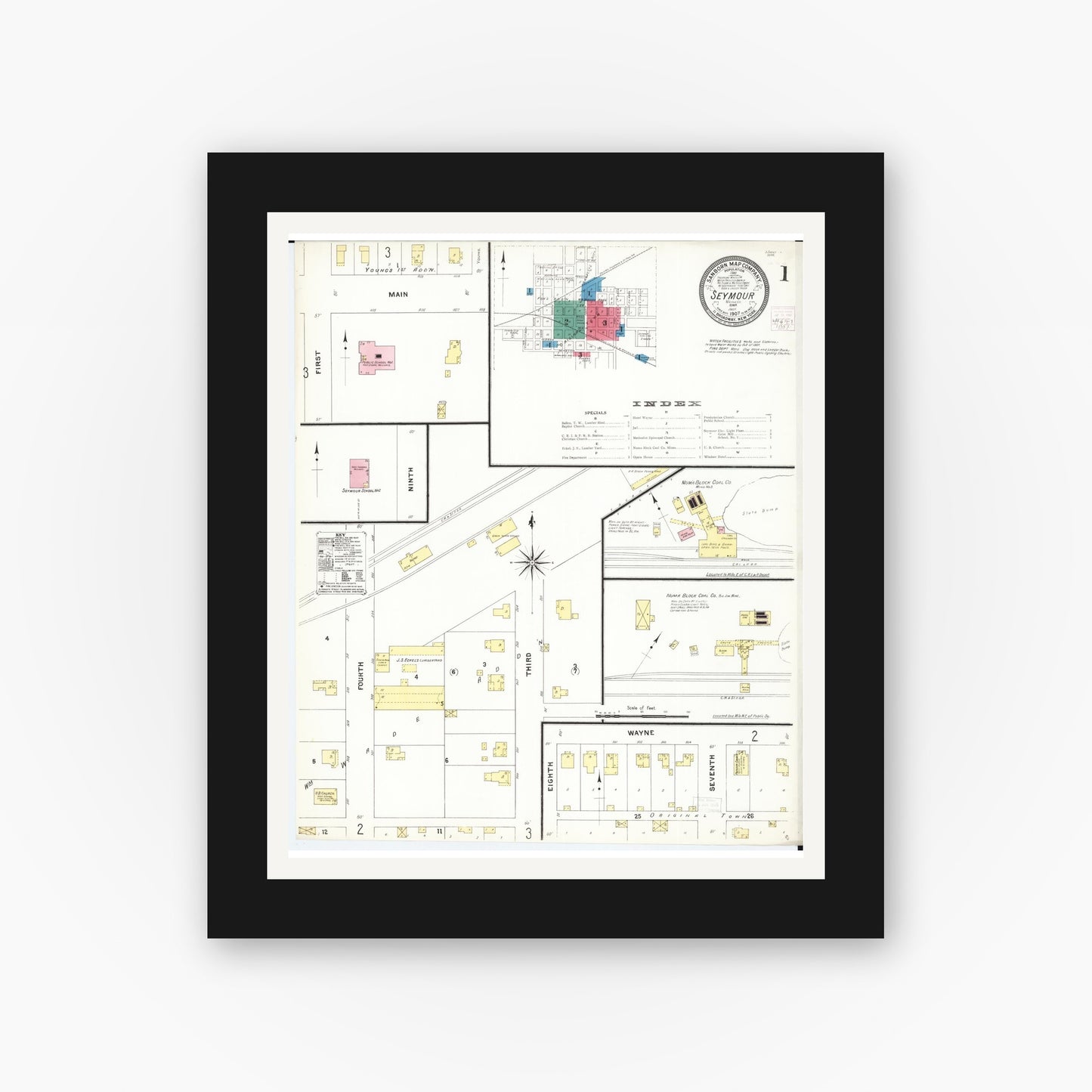 Old map wall art mockup — black gallery frame with white mat — Sanborn Fire Insurance Map from Seymour, Wayne County, Iowa (1907), Sheet #0001