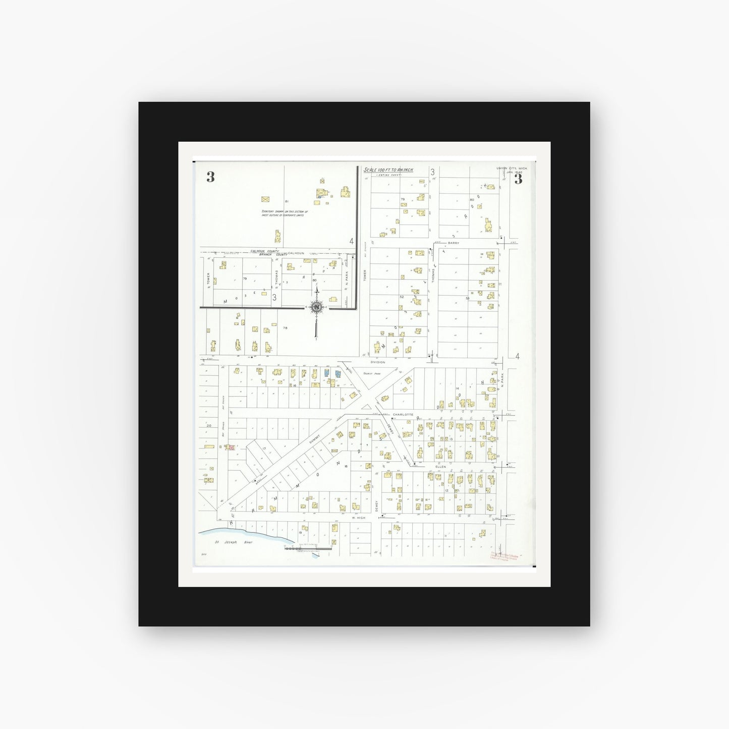 Old map wall art mockup — black gallery frame with white mat — Sanborn Fire Insurance Map from Union City, Branch And Calhoun Counties, Michigan (1940), Sheet #0003