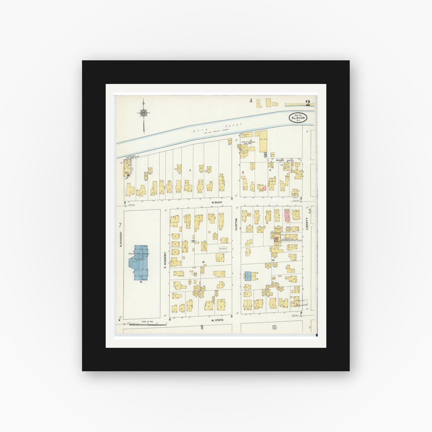 Old map wall art mockup — black gallery frame with white mat — Sanborn Fire Insurance Map from Albion, Orleans County, New York (1911) - Complete Map Set