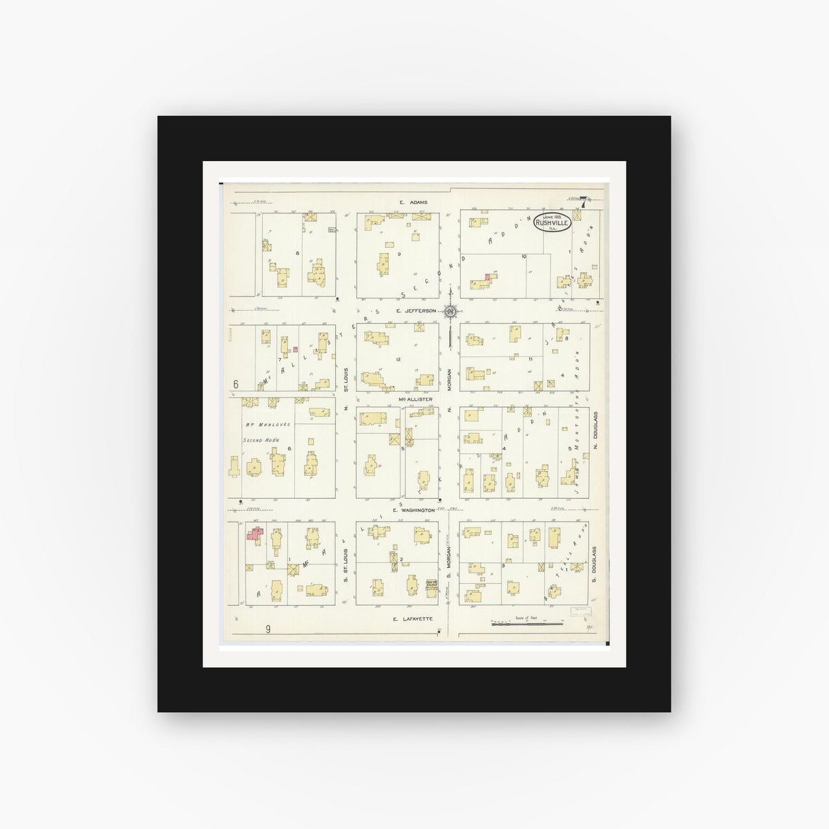 Old map wall art mockup — black gallery frame with white mat — Sanborn Fire Insurance Map from Rushville, Schuyler County, Illinois (1913), Sheet #0007