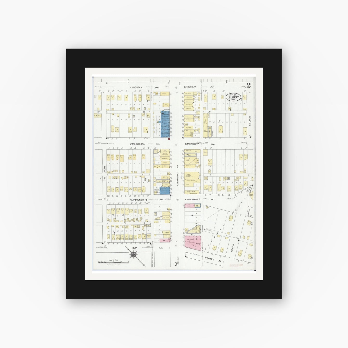 Old map wall art mockup — black gallery frame with white mat — Sanborn Fire Insurance Map from Gilbert, Saint Louis County, Minnesota (1921), Sheet #0002