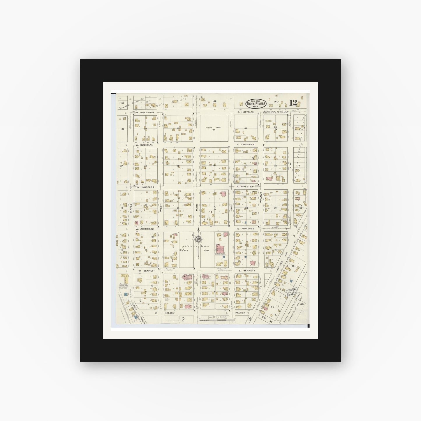 Old map wall art mockup — black gallery frame with white mat — Sanborn Fire Insurance Map from Three Rivers, Saint Joseph County, Michigan (1916), Sheet #0012