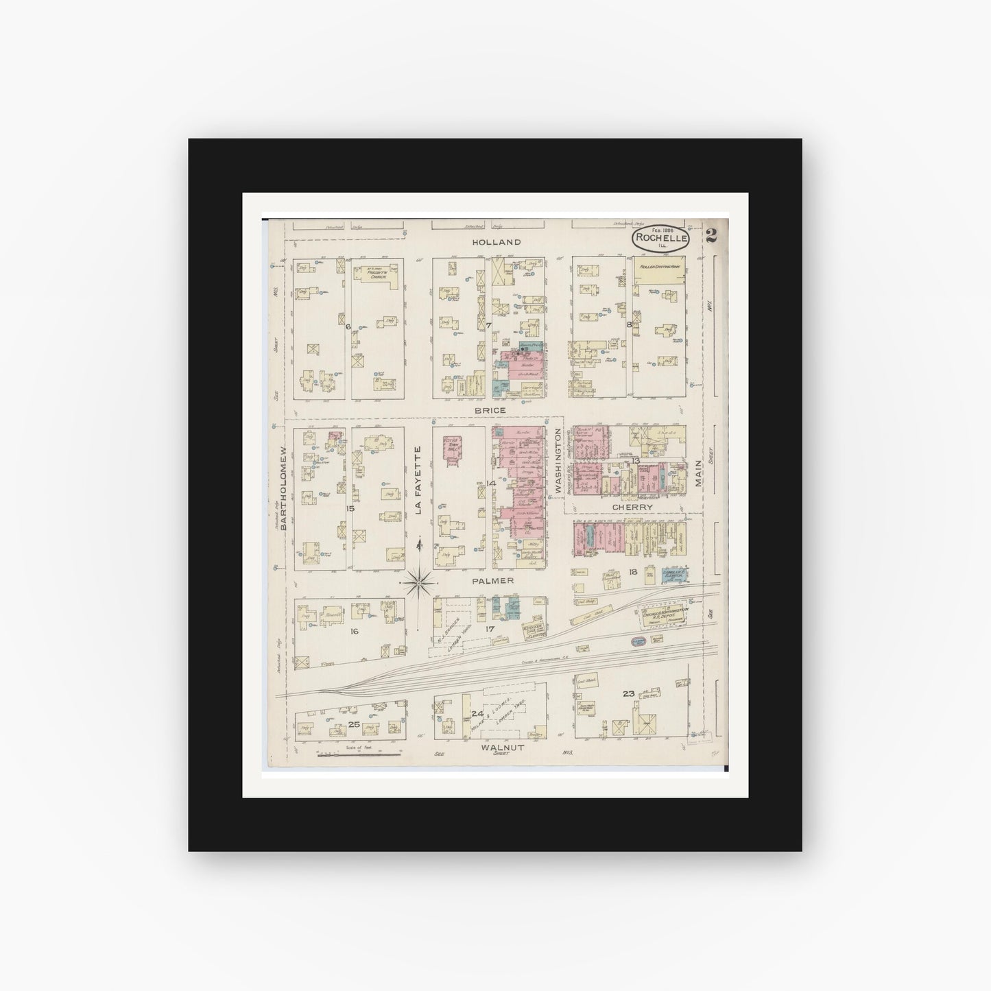 Old map wall art mockup — black gallery frame with white mat — Sanborn Fire Insurance Map from Rochelle, Ogle County, Illinois (1886), Sheet #0002
