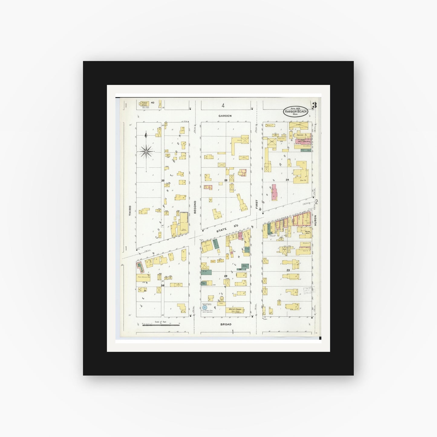 Old map wall art mockup — black gallery frame with white mat — Sanborn Fire Insurance Map from Harbor Beach, Huron County, Michigan (1909), Sheet #0003