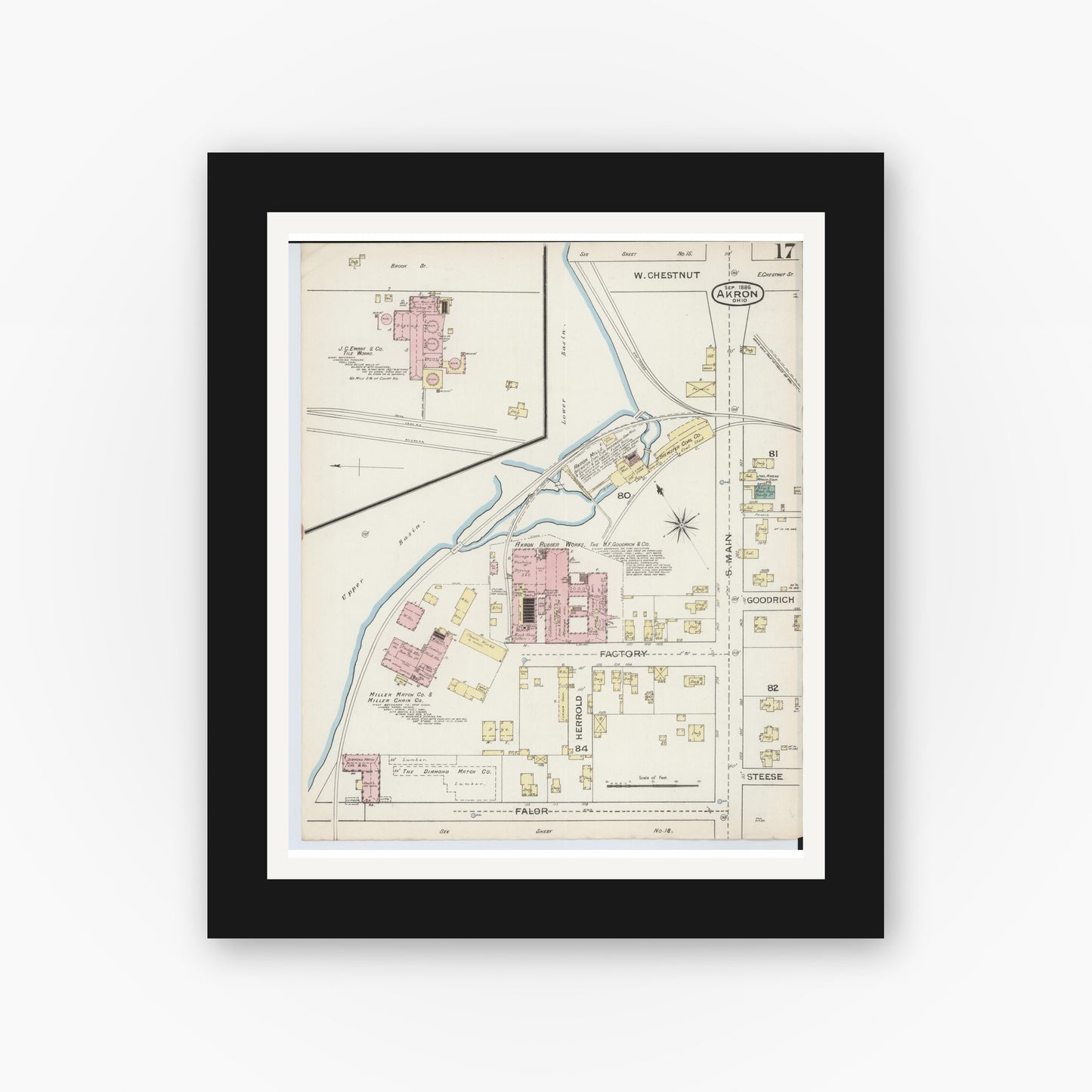 Old map wall art mockup — black gallery frame with white mat — Sanborn Fire Insurance Map from Akron, Summit County, Ohio (1886), Sheet #0017