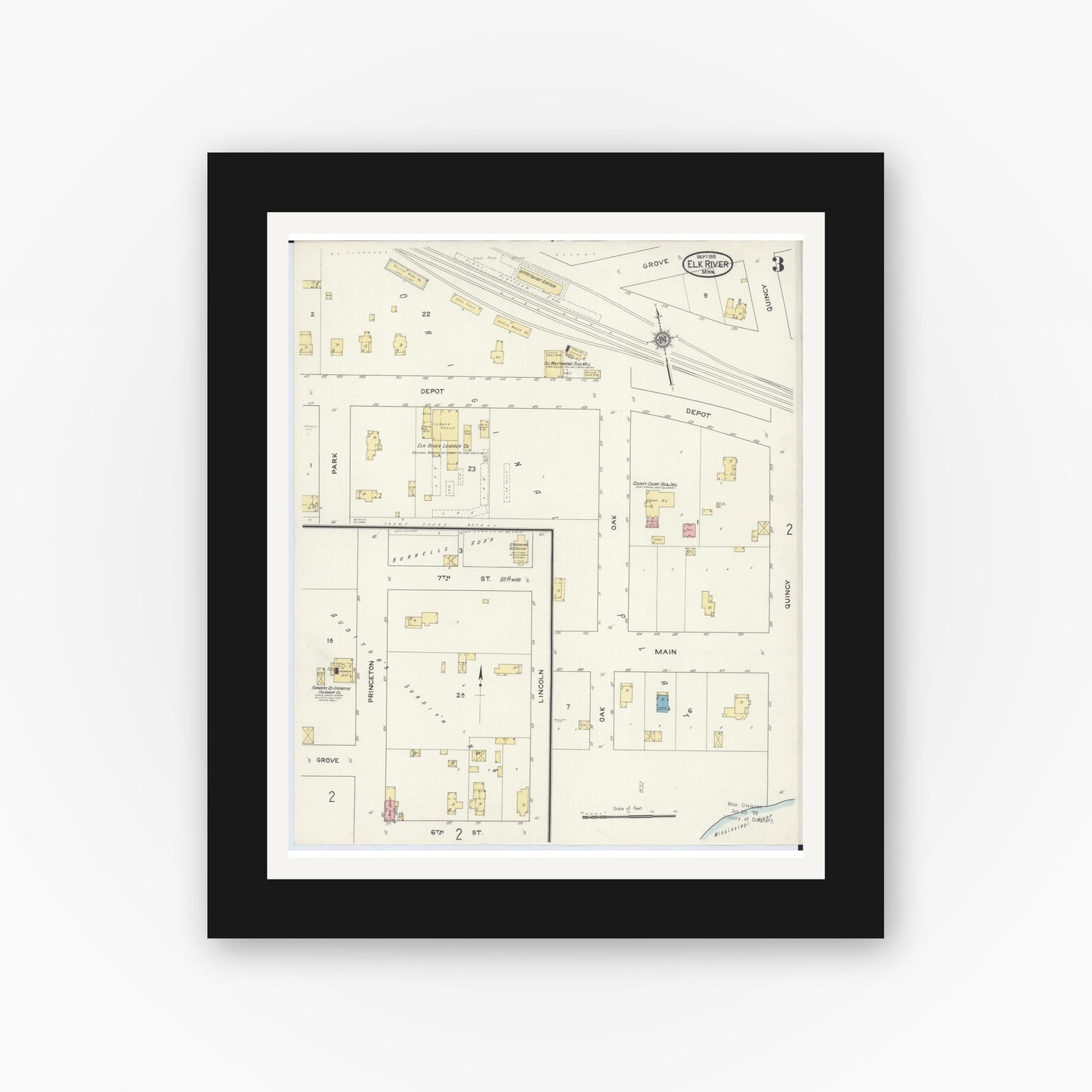 Old map wall art mockup — black gallery frame with white mat — Sanborn Fire Insurance Map from Elk River, Sherburne County, Minnesota (1915), Sheet #0003