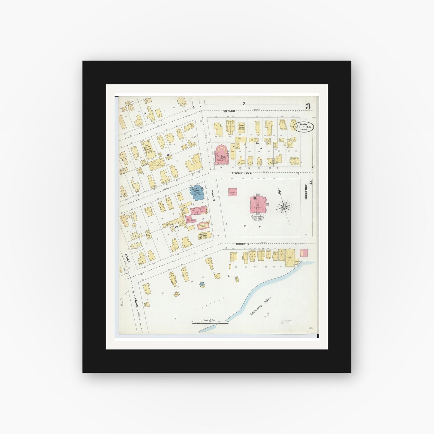 Old map wall art mockup — black gallery frame with white mat — Sanborn Fire Insurance Map from Allegan, Allegan County, Michigan (1906), Sheet #0003