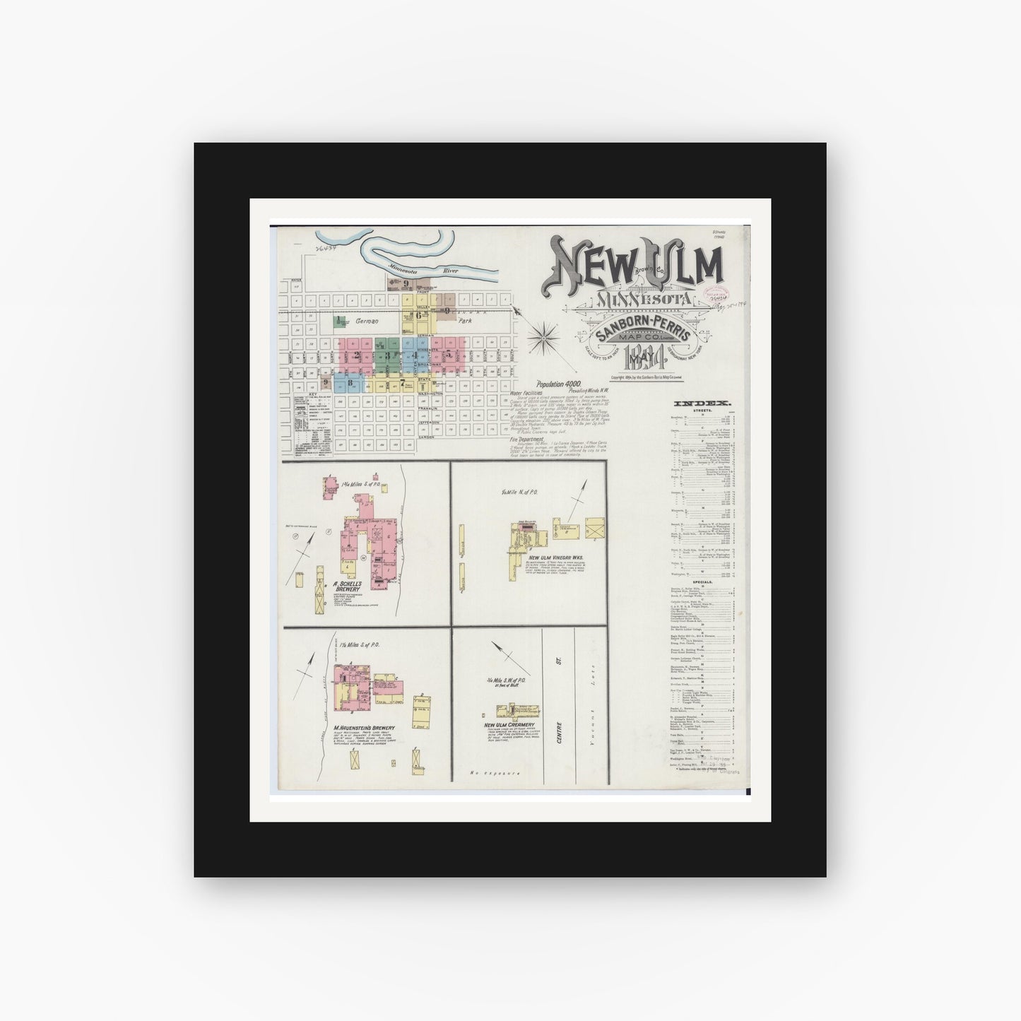 Old map wall art mockup — black gallery frame with white mat — Sanborn Fire Insurance Map from New Ulm, Brown County, Minnesota (1894) - Complete Map Set
