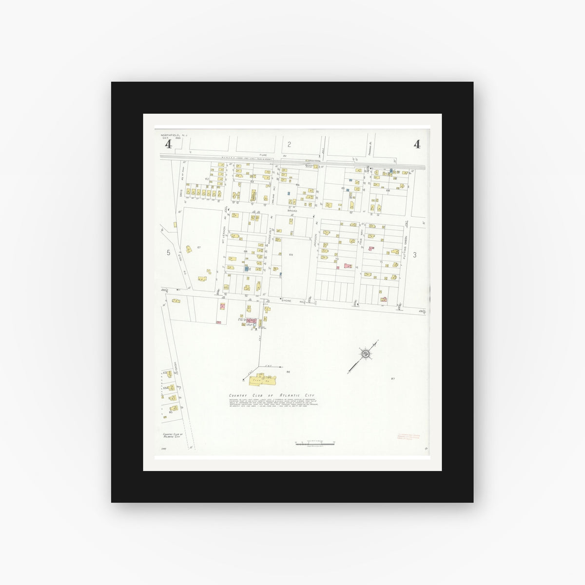 Old map wall art mockup — black gallery frame with white mat — Sanborn Fire Insurance Map from Northfield, Atlantic County, New Jersey (1933), Sheet #0004