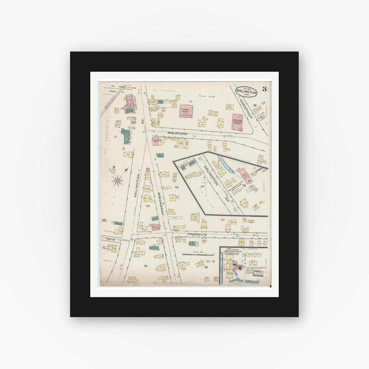 Old map wall art mockup — black gallery frame with white mat — Sanborn Fire Insurance Map from Arlington, Middlesex County, Massachusetts (1885), Sheet #0003