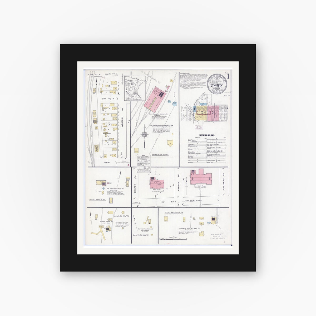 Old map wall art mockup — black gallery frame with white mat — Sanborn Fire Insurance Map from Biwabik, Saint Louis County, Minnesota (1912) - Complete Map Set