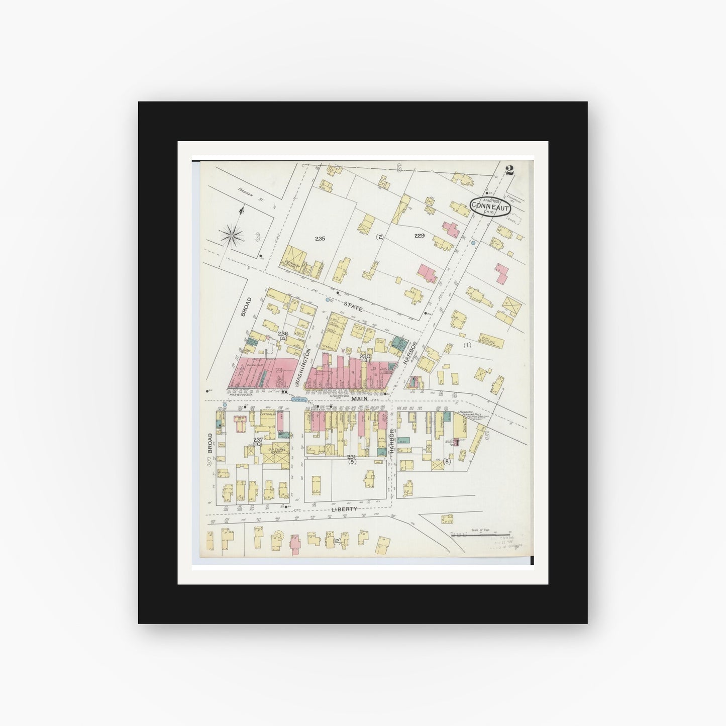 Old map wall art mockup — black gallery frame with white mat — Sanborn Fire Insurance Map from Conneaut, Ashtabula County, Ohio (1893), Sheet #0002