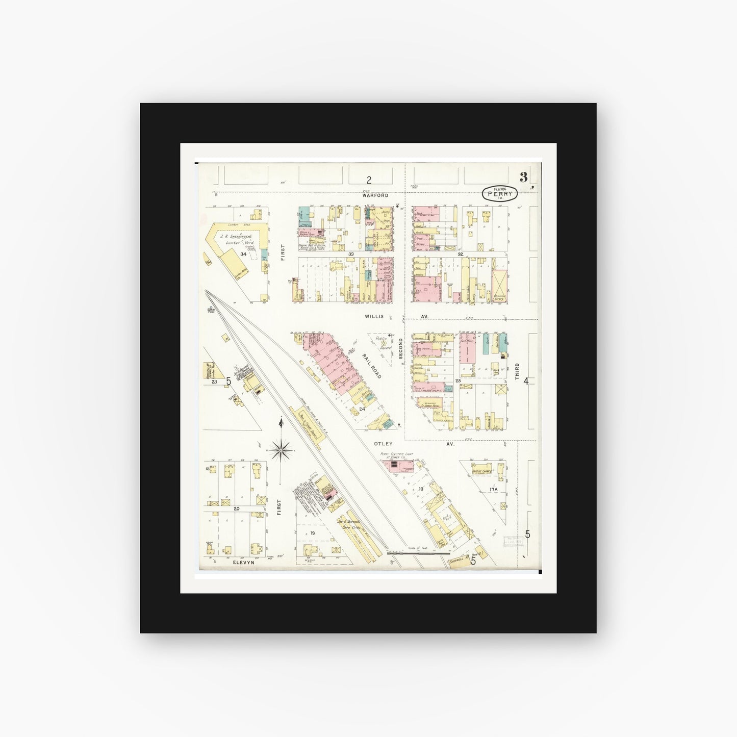 Old map wall art mockup — black gallery frame with white mat — Sanborn Fire Insurance Map from Perry, Dallas County, Iowa (1896), Sheet #0003