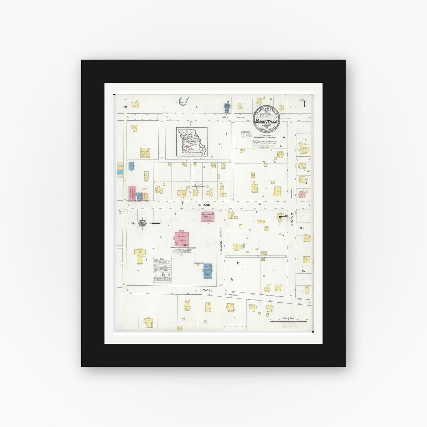 Old map wall art mockup — black gallery frame with white mat — Sanborn Fire Insurance Map from Morrisville, Polk County, Missouri (1917) - Complete Map Set