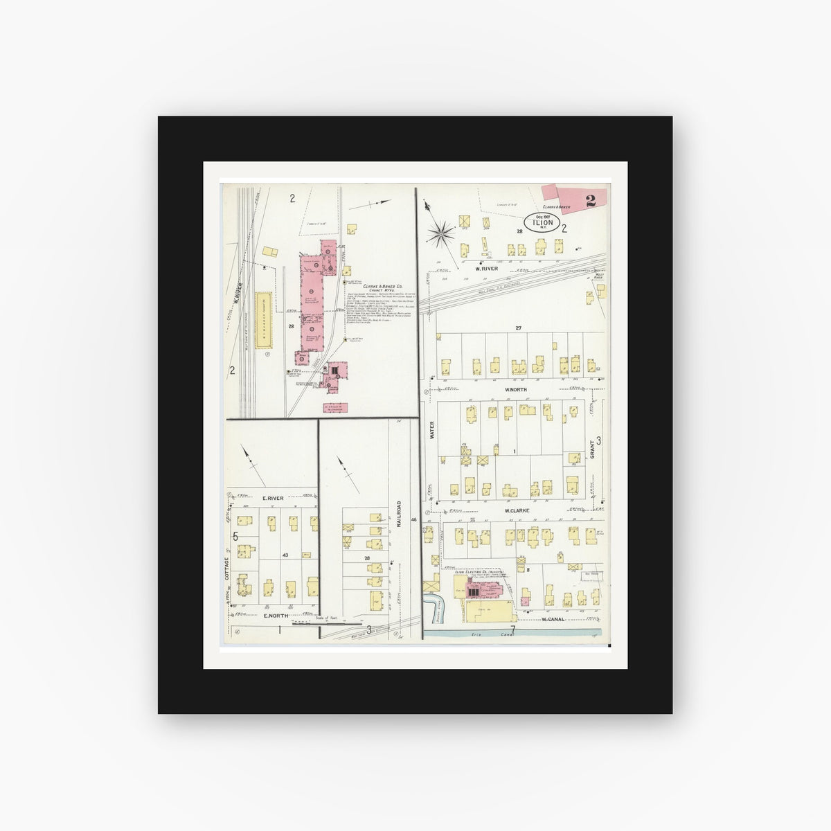 Old map wall art mockup — black gallery frame with white mat — Sanborn Fire Insurance Map from Ilion, Herkimer County, New York (1907) - Complete Map Set