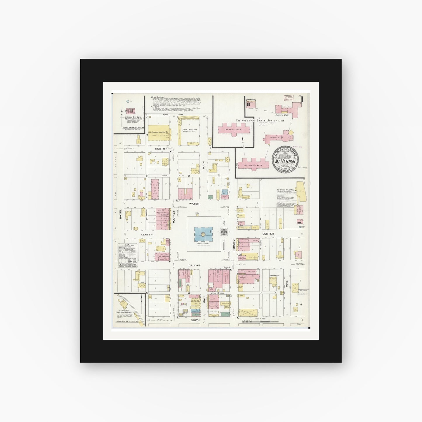 Old map wall art mockup — black gallery frame with white mat — Sanborn Fire Insurance Map from Mount Vernon, Lawrence County, Missouri (1909) - Complete Map Set
