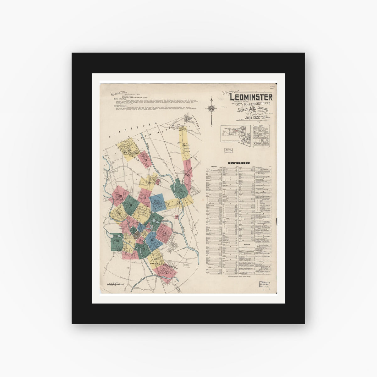 Old map wall art mockup — black gallery frame with white mat — Sanborn Fire Insurance Map from Leominster, Worcester County, Massachusetts (1922), Sheet #0001