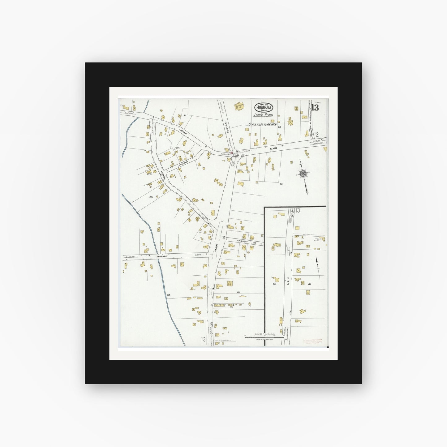 Old map wall art mockup — black gallery frame with white mat — Sanborn Fire Insurance Map from Hingham, Plymouth County, Massachusetts (1921), Sheet #0013