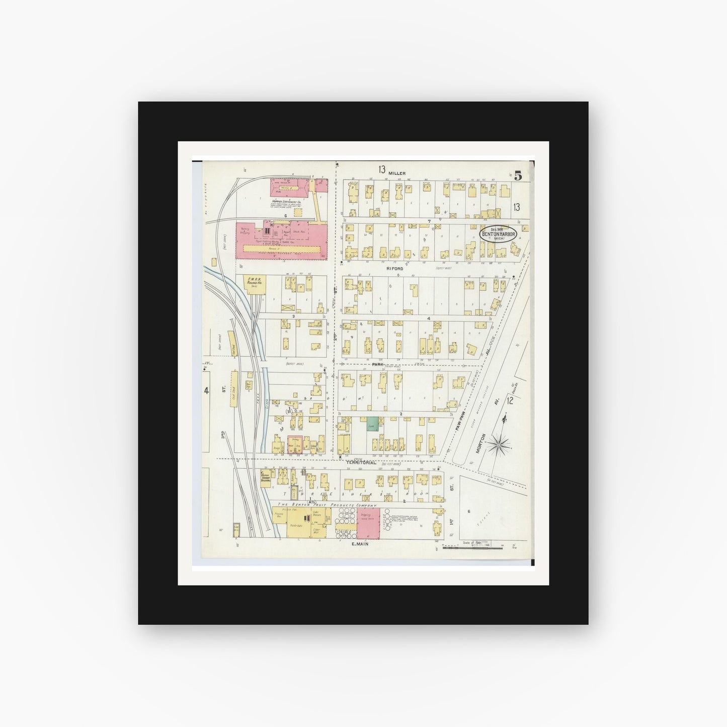 Old map wall art mockup — black gallery frame with white mat — Sanborn Fire Insurance Map from Benton Harbor, Berrien County, Michigan (1905), Sheet #0005