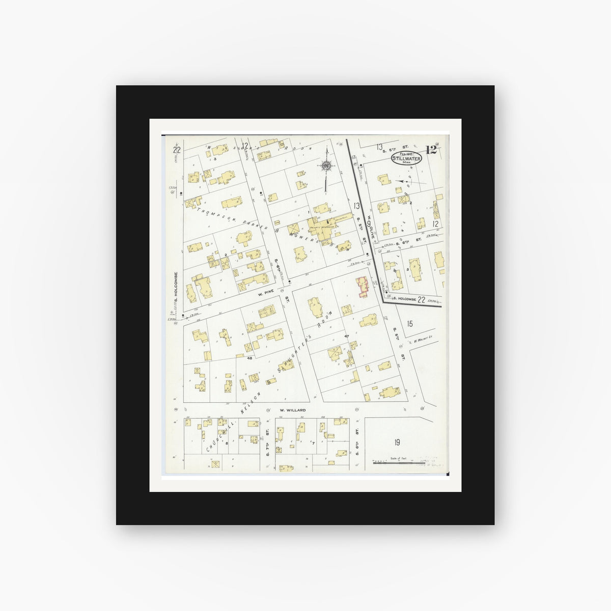 Old map wall art mockup — black gallery frame with white mat — Sanborn Fire Insurance Map from Stillwater, Washington County, Minnesota (1910), Sheet #0012