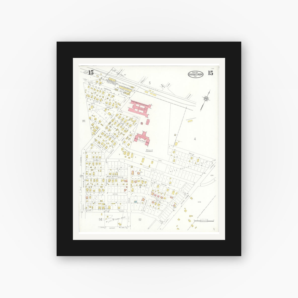 Old map wall art mockup — black gallery frame with white mat — Sanborn Fire Insurance Map from Goose Creek, Harris County, Texas (1931), Sheet #0015