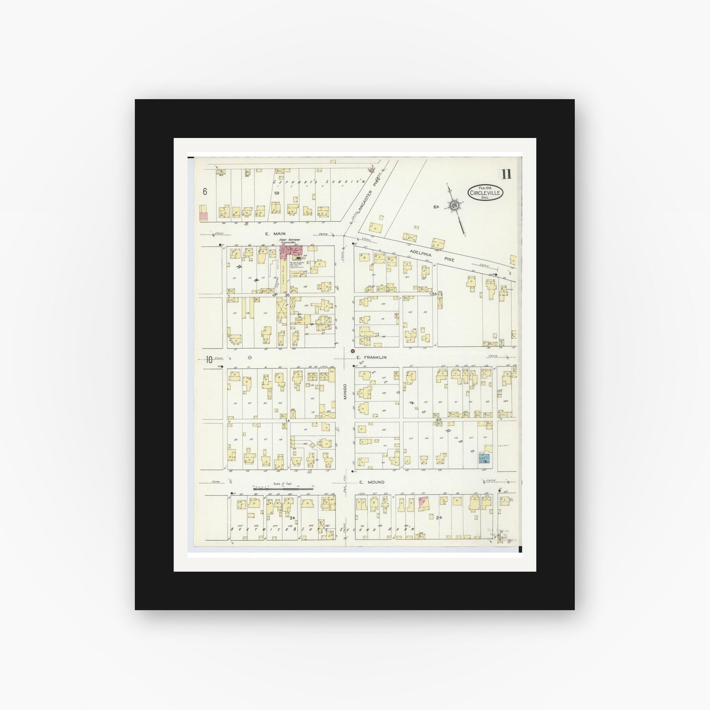 Old map wall art mockup — black gallery frame with white mat — Sanborn Fire Insurance Map from Circleville, Pickaway County, Ohio (1914), Sheet #0011