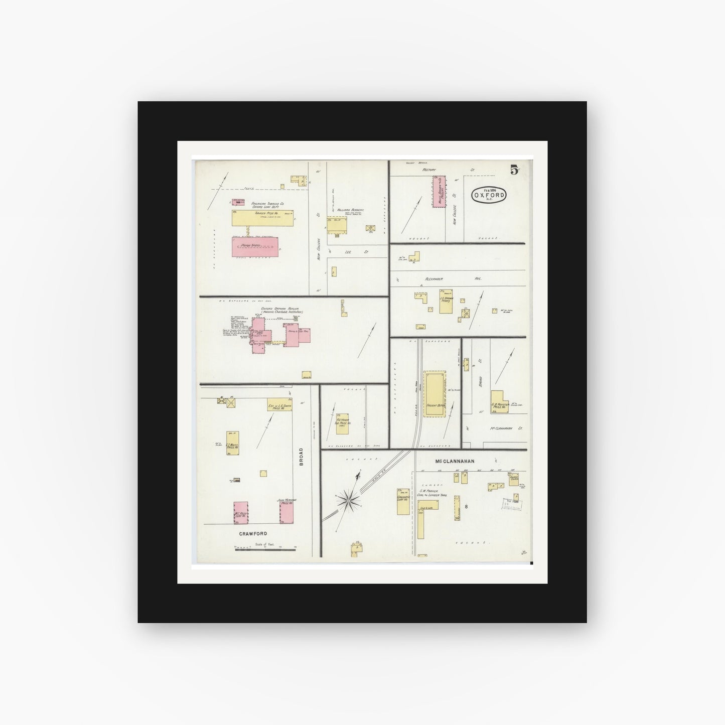 Old map wall art mockup — black gallery frame with white mat — Sanborn Fire Insurance Map from Oxford, Granville County, North Carolina (1897), Sheet #0005