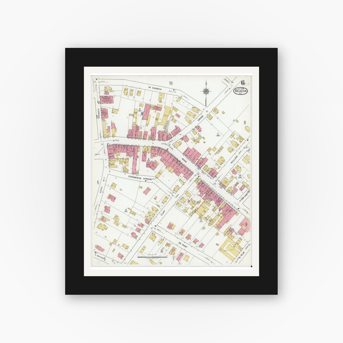 Old map wall art mockup — black gallery frame with white mat — Sanborn Fire Insurance Map from Beacon, Dutchess County, New York (1919), Sheet #0006