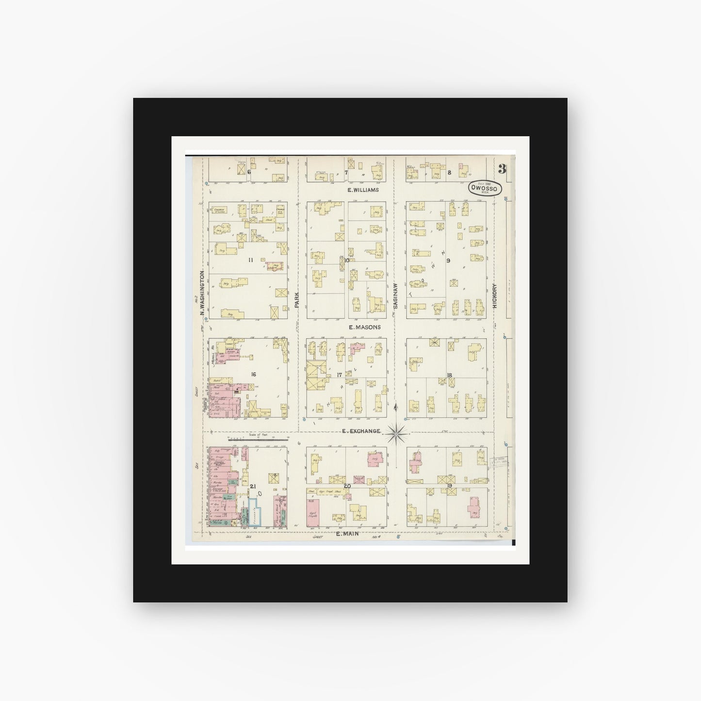Old map wall art mockup — black gallery frame with white mat — Sanborn Fire Insurance Map from Owosso, Shiawassee County, Michigan (1890), Sheet #0003