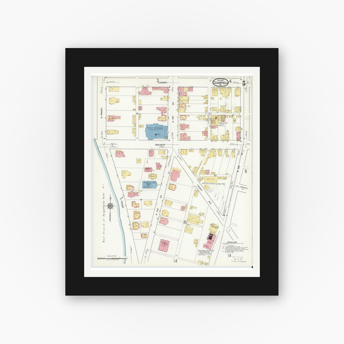 Old map wall art mockup — black gallery frame with white mat — Sanborn Fire Insurance Map from Clearfield, Clearfield County, Pennsylvania (1917), Sheet #0005