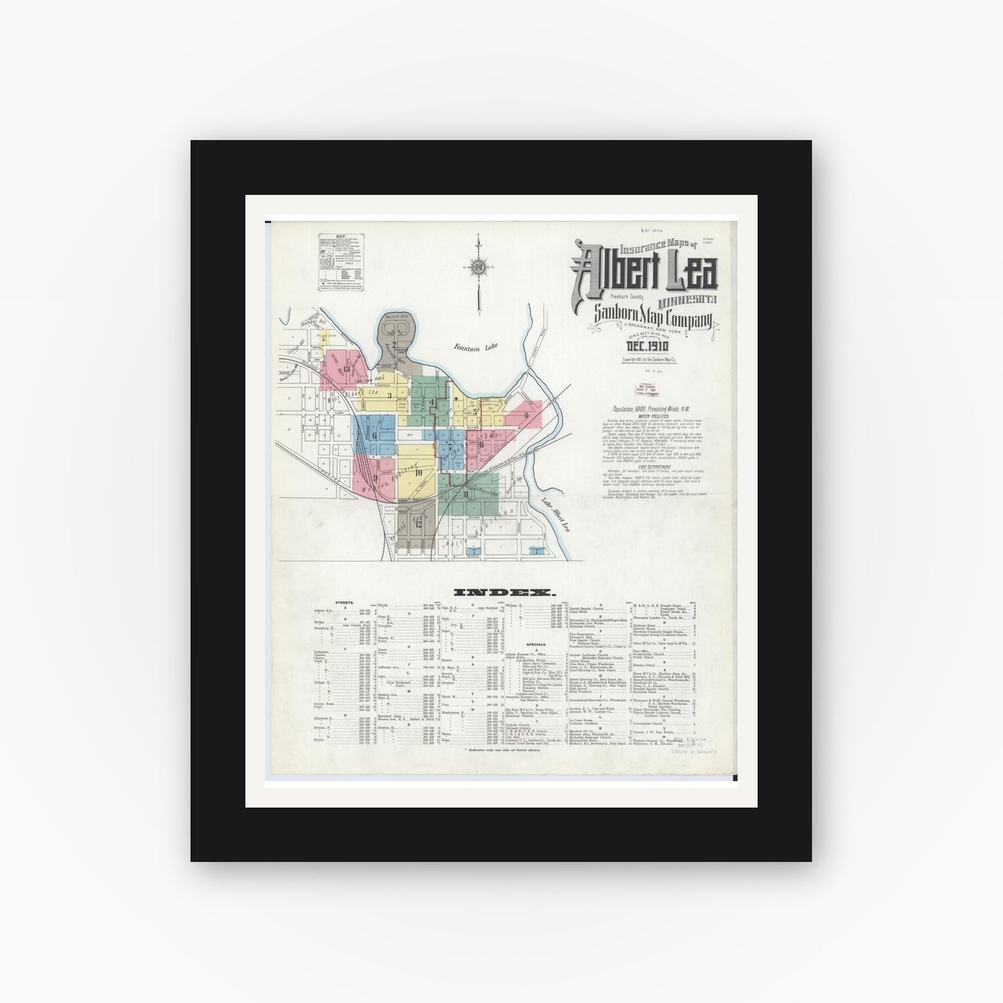 Old map wall art mockup — black gallery frame with white mat — Sanborn Fire Insurance Map from Albert Lea, Freeborn County, Minnesota (1910), Sheet #0001
