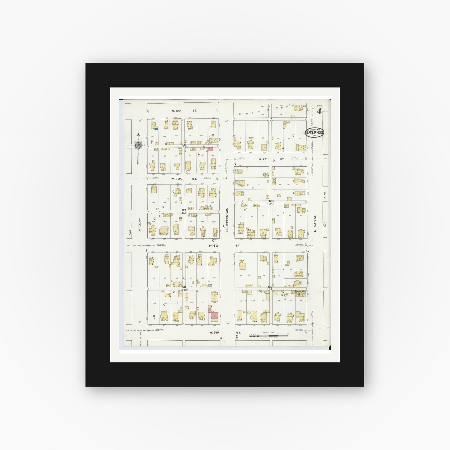Old map wall art mockup — black gallery frame with white mat — Sanborn Fire Insurance Map from Delphos, Van Wert And Allen Counties, Ohio (1921), Sheet #0004