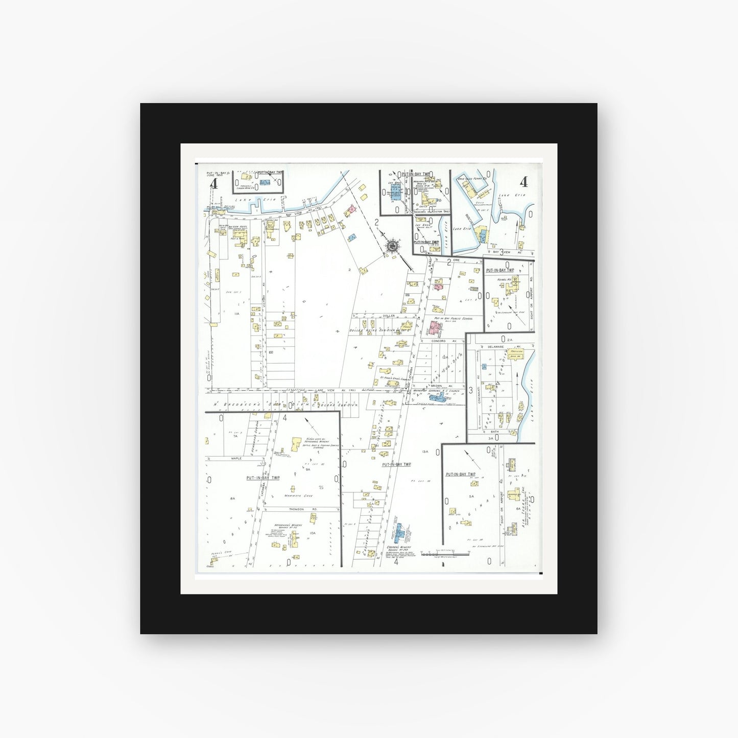 Old map wall art mockup — black gallery frame with white mat — Sanborn Fire Insurance Map from Put-in-bay, Ottawa County, Ohio (1950), Sheet #0004