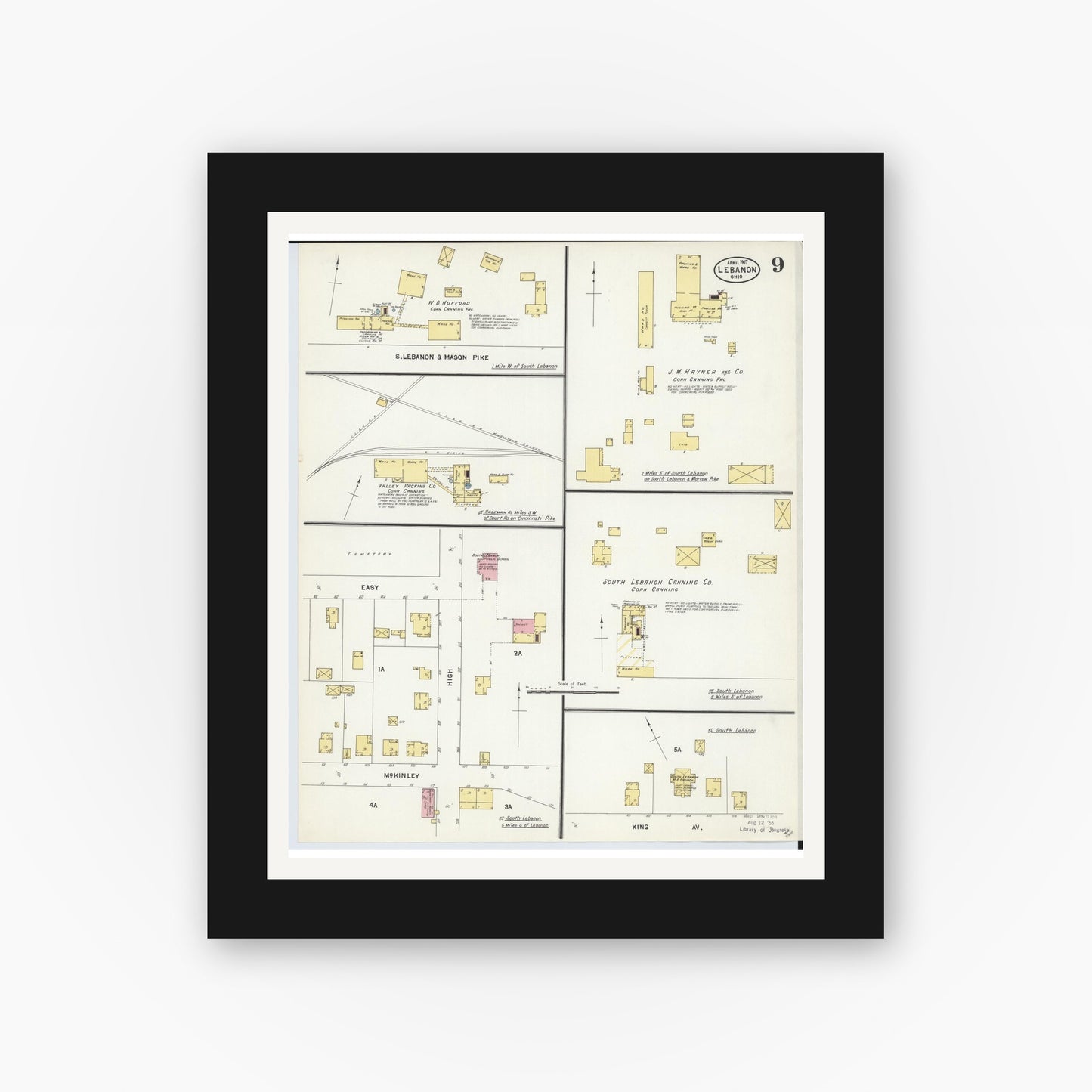 Old map wall art mockup — black gallery frame with white mat — Sanborn Fire Insurance Map from Lebanon, Warren County, Ohio (1907), Sheet #0009